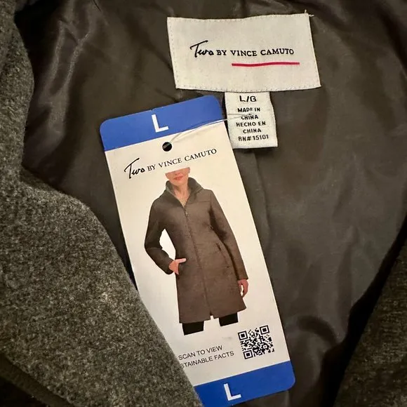 New Two By Vince Camuto Walker Coat Size L Grey Mid Length Hooded Fully Lined