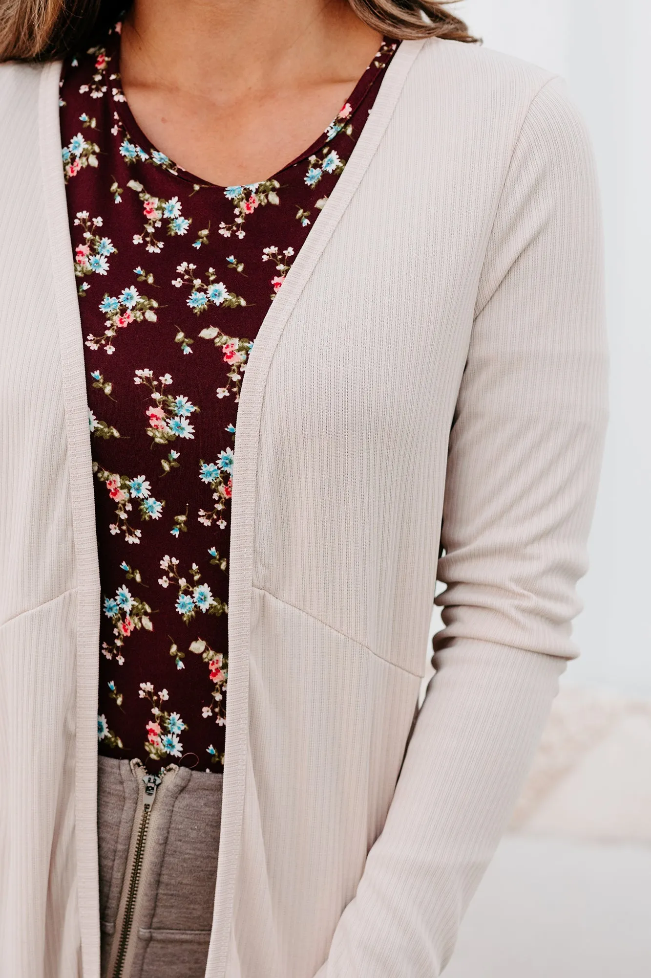 Not Concerned Ribbed Open Front Cardigan (Beige)