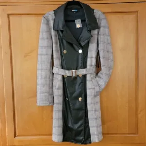 NWT Alice Blue Black &amp; White Plaid  Faux Leather Trench Coat - XL