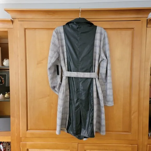 NWT Alice Blue Black &amp; White Plaid  Faux Leather Trench Coat - XL