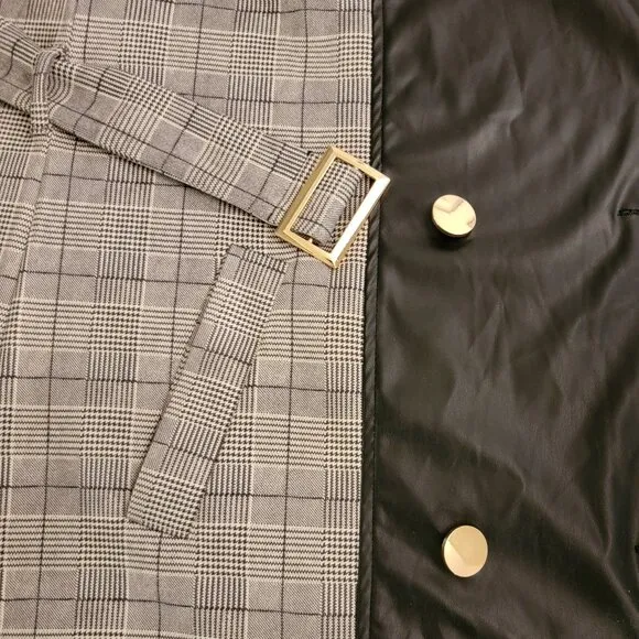 NWT Alice Blue Black &amp; White Plaid  Faux Leather Trench Coat - XL