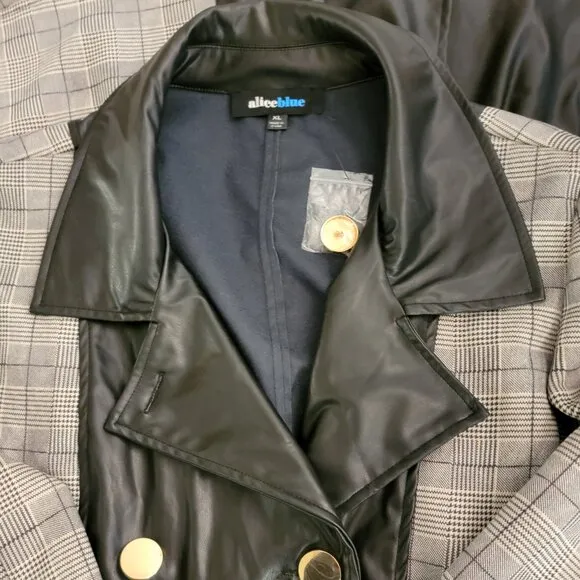 NWT Alice Blue Black &amp; White Plaid  Faux Leather Trench Coat - XL