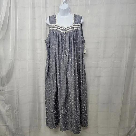 NWT Eileen West Gray White Swiss Dot Crochet Maxi Sleeveless Nightgown XL