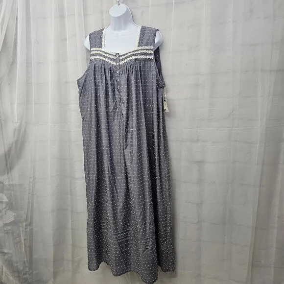 NWT Eileen West Gray White Swiss Dot Crochet Maxi Sleeveless Nightgown XL