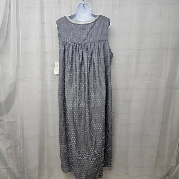 NWT Eileen West Gray White Swiss Dot Crochet Maxi Sleeveless Nightgown XL