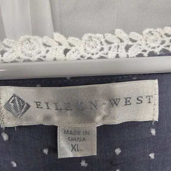 NWT Eileen West Gray White Swiss Dot Crochet Maxi Sleeveless Nightgown XL