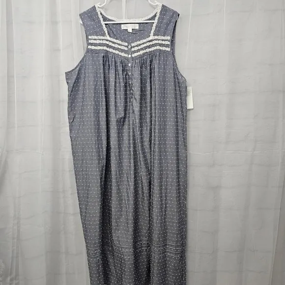 NWT Eileen West Gray White Swiss Dot Crochet Maxi Sleeveless Nightgown XL
