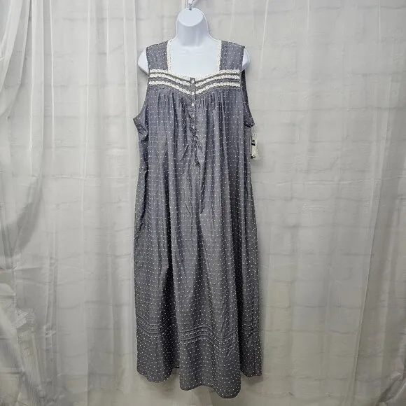NWT Eileen West Gray White Swiss Dot Crochet Maxi Sleeveless Nightgown XL