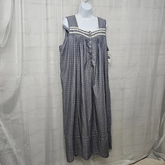 NWT Eileen West Gray White Swiss Dot Crochet Maxi Sleeveless Nightgown XL