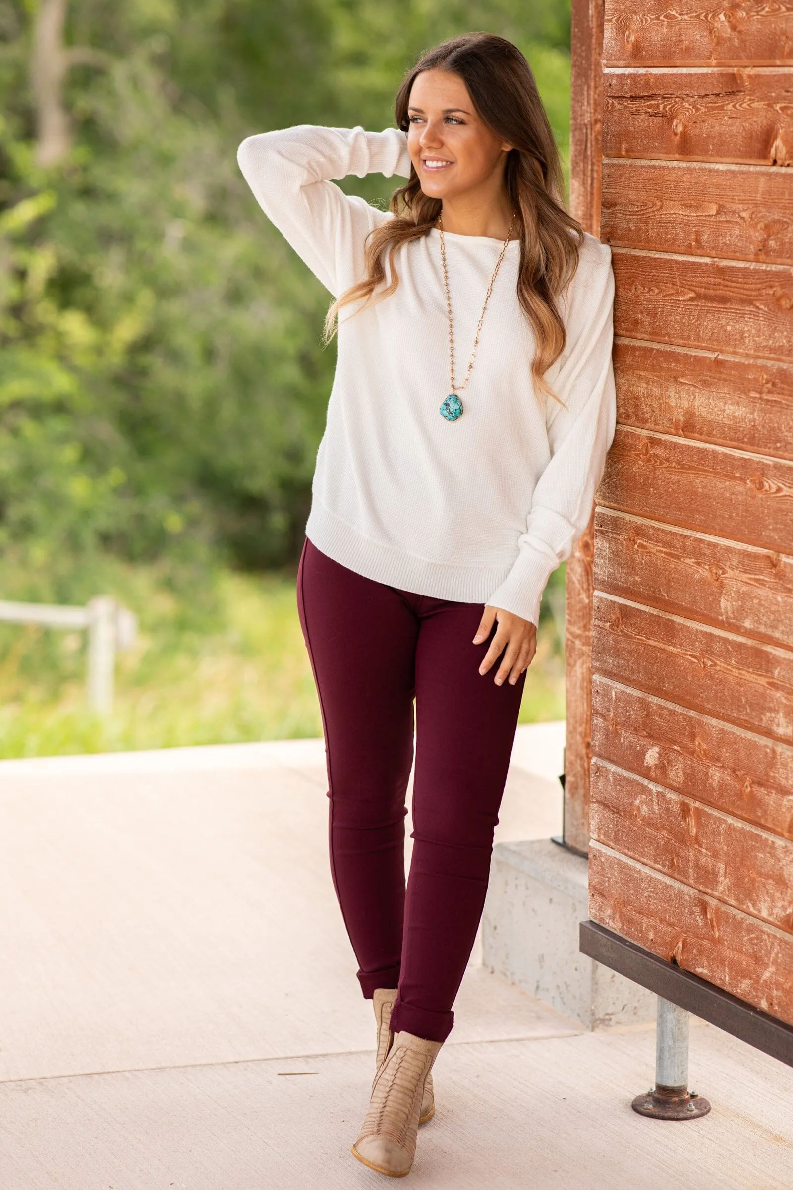 Off White Dolman Sleeve Soft Waffle Knit Top