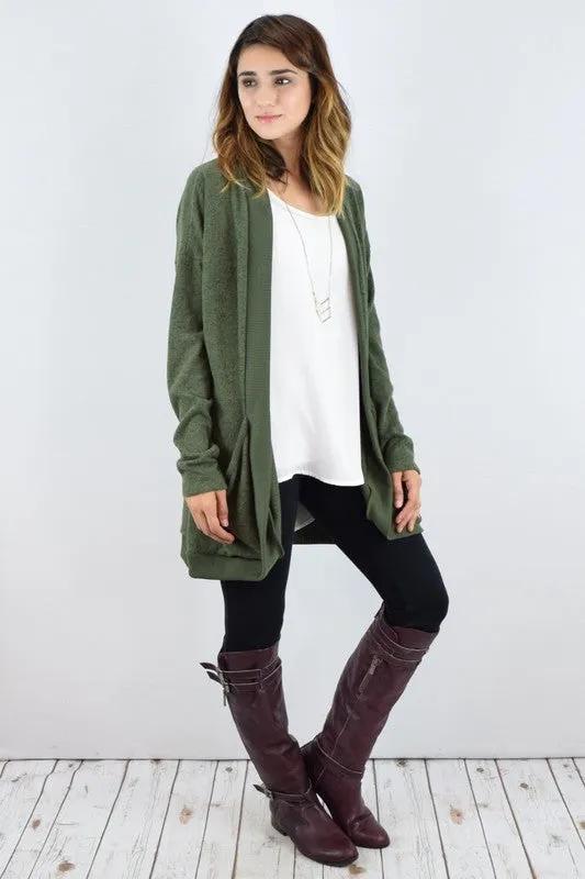 Olive Green Solid Drape Pocket Cardigan