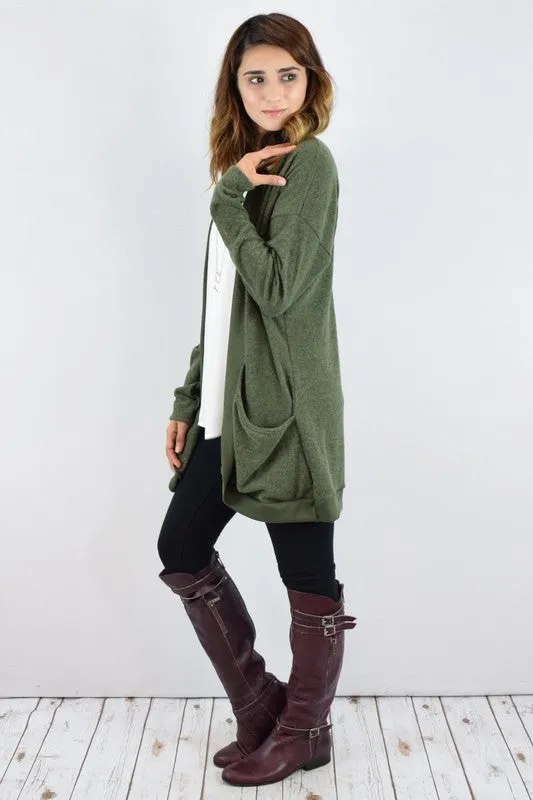 Olive Green Solid Drape Pocket Cardigan