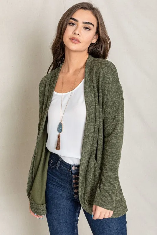 Olive Green Solid Drape Pocket Cardigan