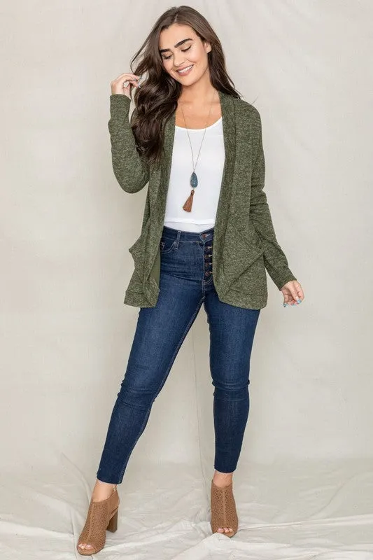 Olive Green Solid Drape Pocket Cardigan