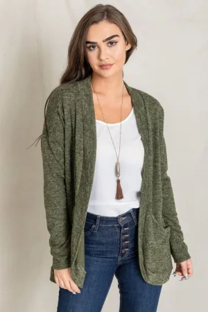 Olive Green Solid Drape Pocket Cardigan