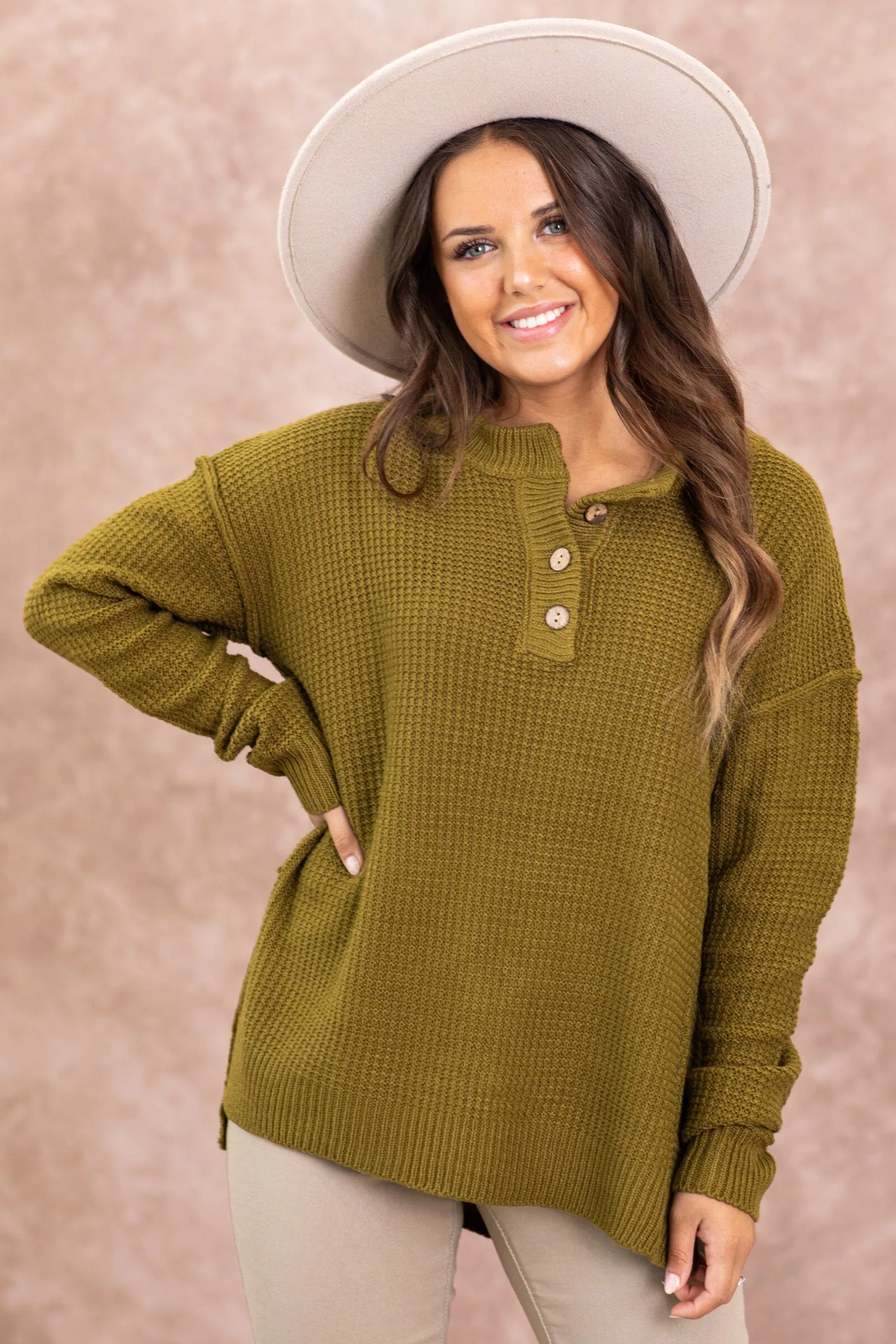 Olive Waffle Knit Sweater With Buttons