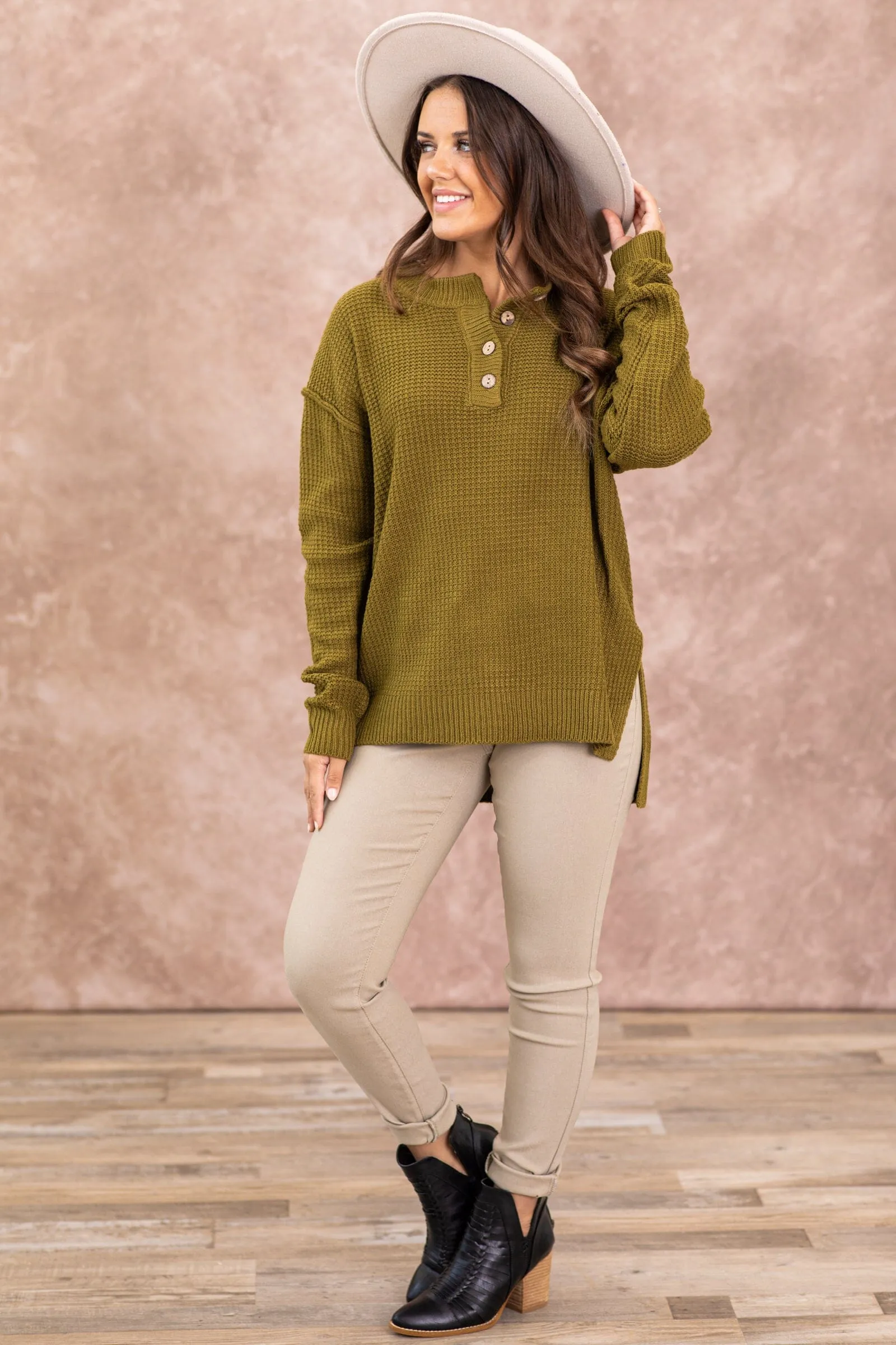 Olive Waffle Knit Sweater With Buttons
