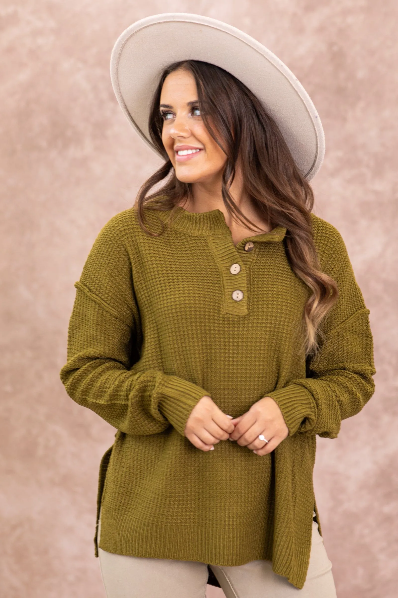 Olive Waffle Knit Sweater With Buttons