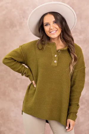 Olive Waffle Knit Sweater With Buttons