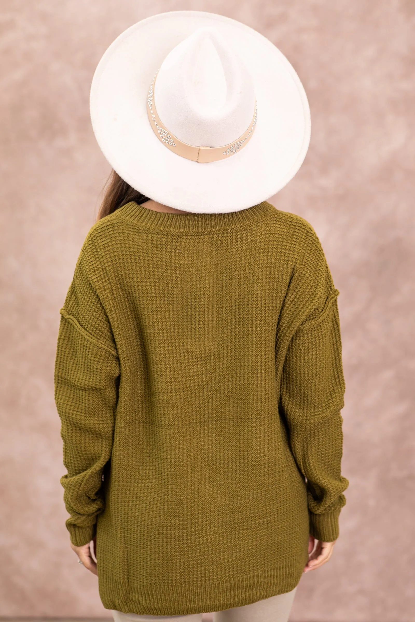 Olive Waffle Knit Sweater With Buttons