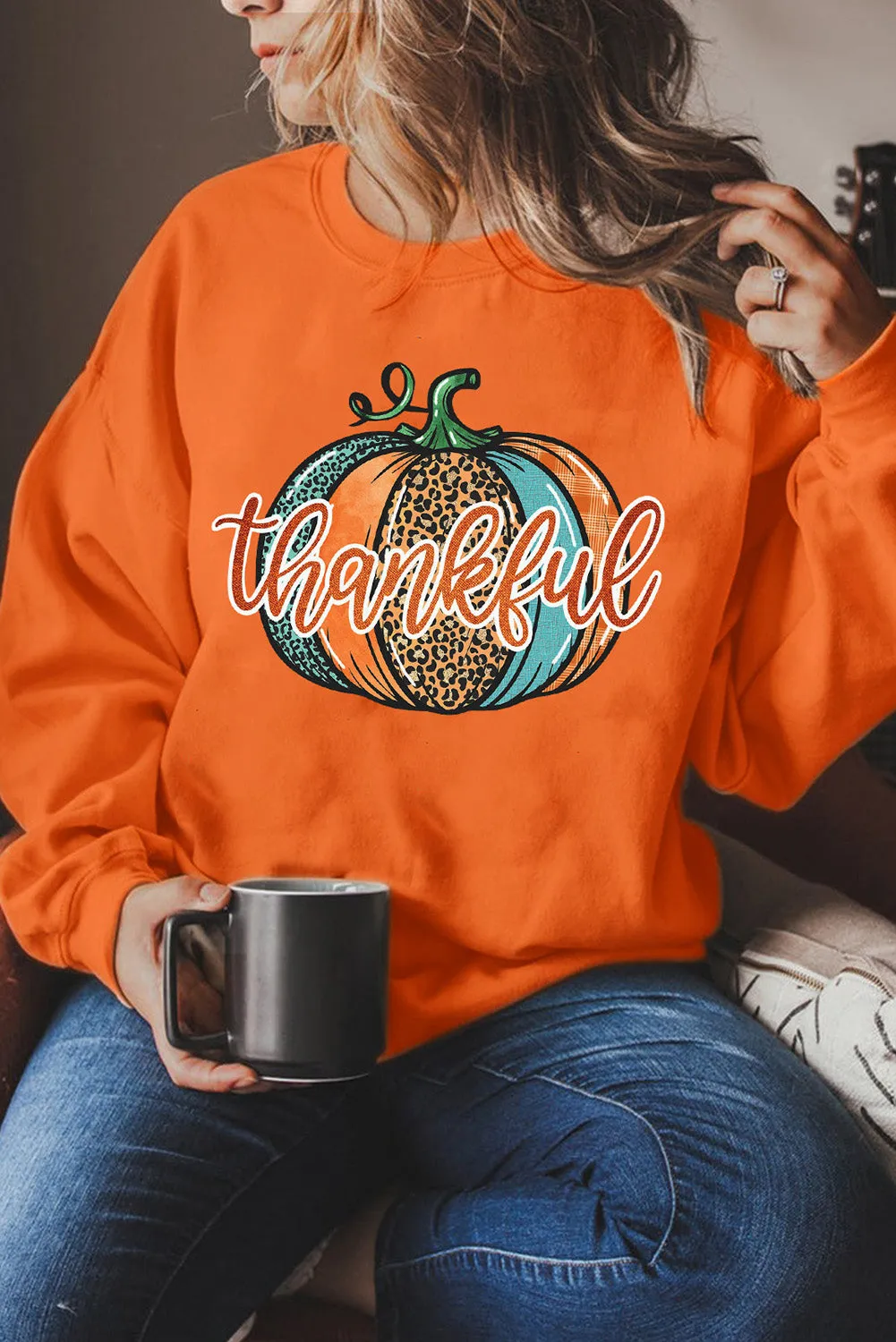 Orange Cute Halloween Thankful Leopard Pumpkin Graphic Sweatshirt