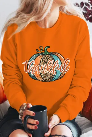 Orange Cute Halloween Thankful Leopard Pumpkin Graphic Sweatshirt