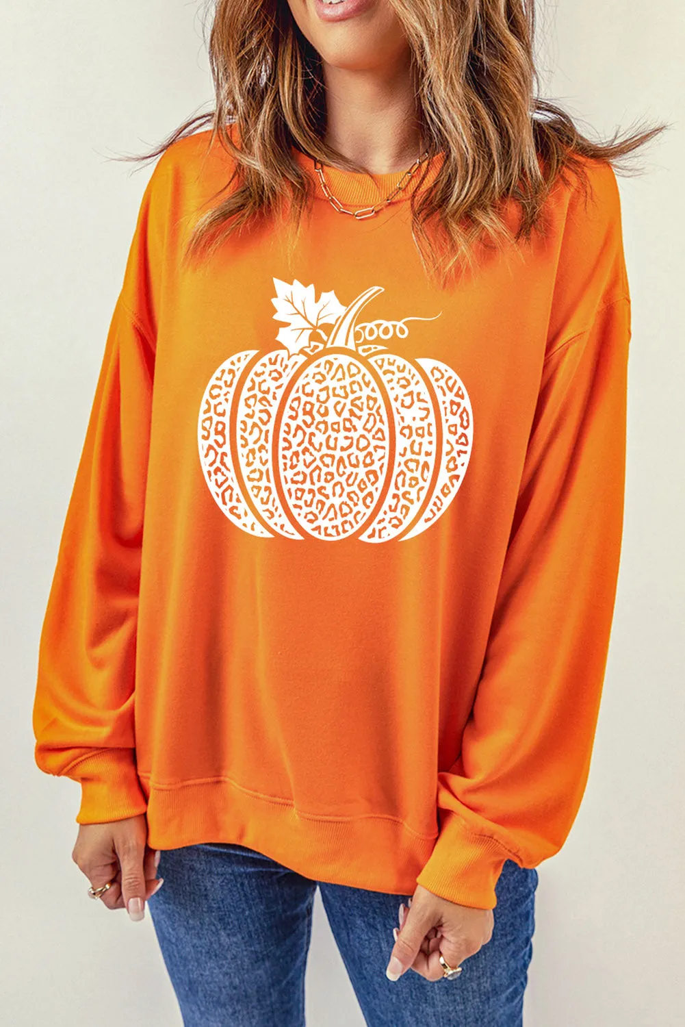 Orange Leopard Pumpkin Printed Daily Sweatshirt