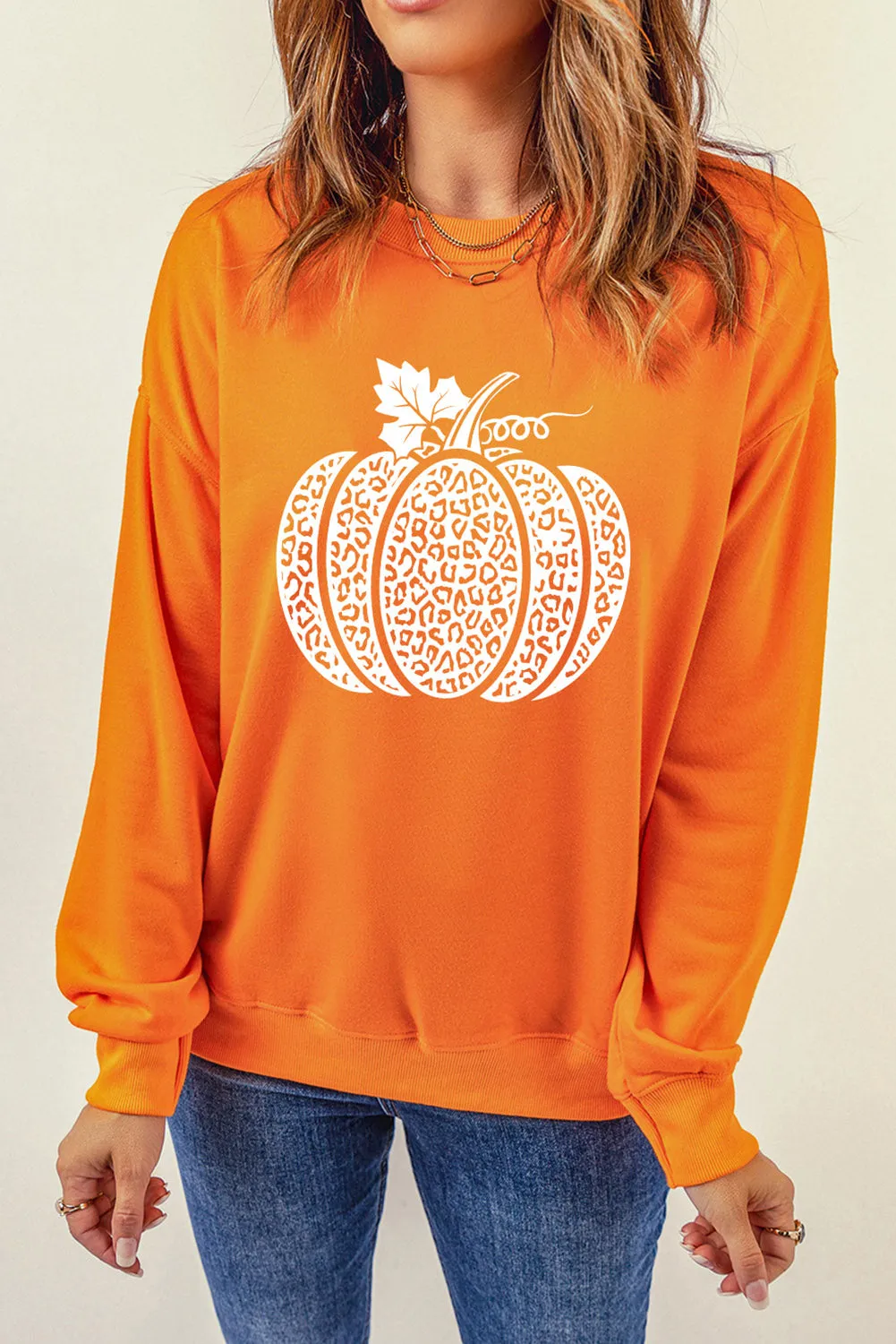 Orange Leopard Pumpkin Printed Daily Sweatshirt