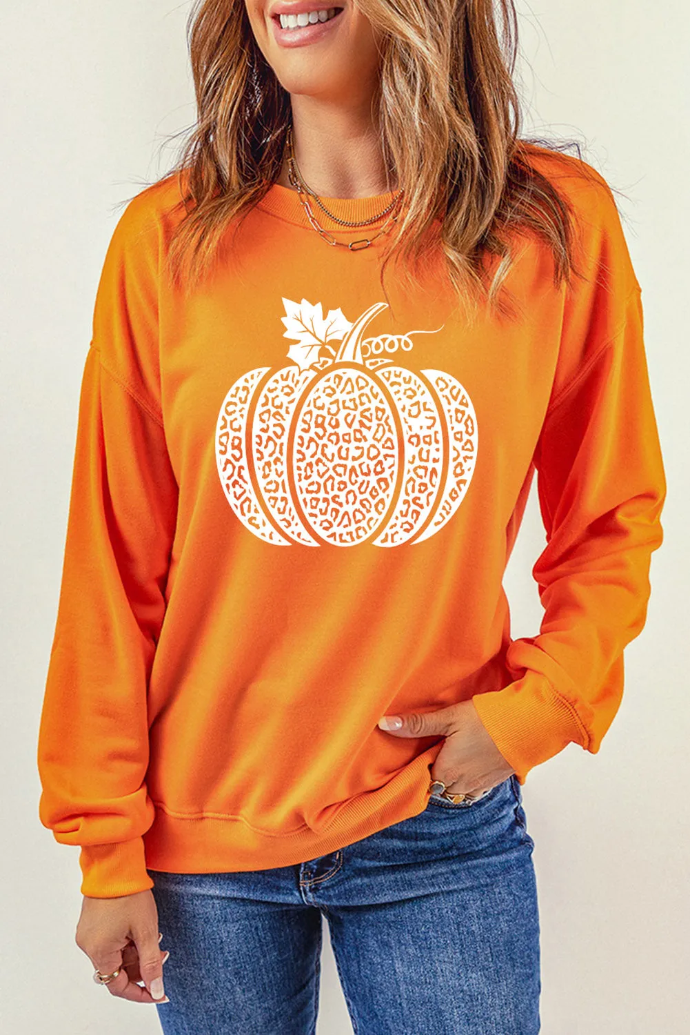 Orange Leopard Pumpkin Printed Daily Sweatshirt