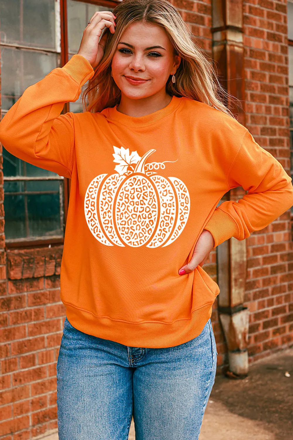 Orange Leopard Pumpkin Printed Daily Sweatshirt