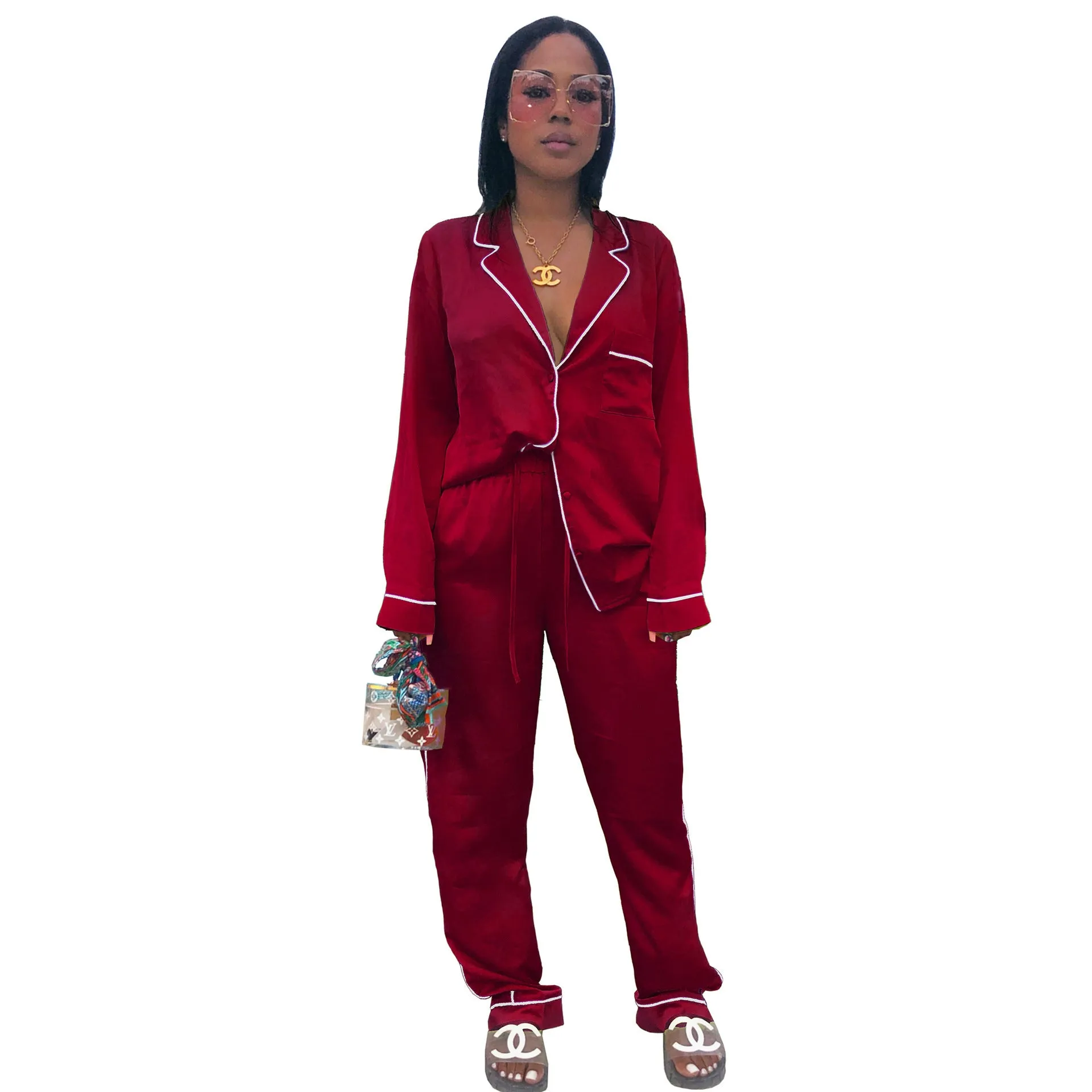 Pajamas Women Spring And Summer Imitation Silk Long-Sleeved Ice Silk Cardigan Suit