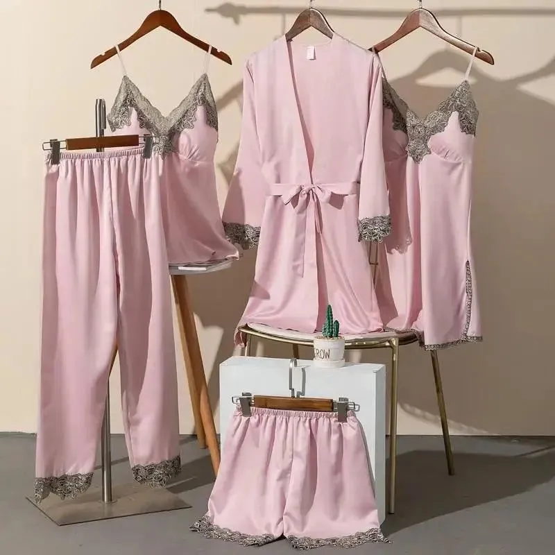 Pajamas Women Summer Ice Silk Sexy Five-piece Suspenders