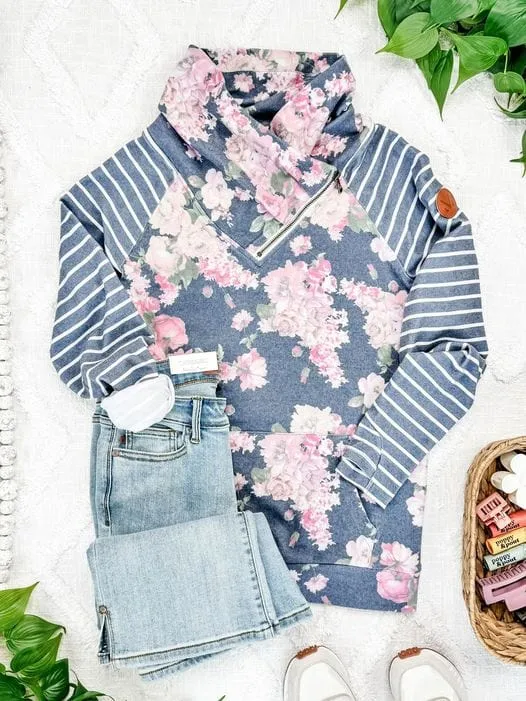 PHC- Charcoal Navy Floral Zipcowl Pullover