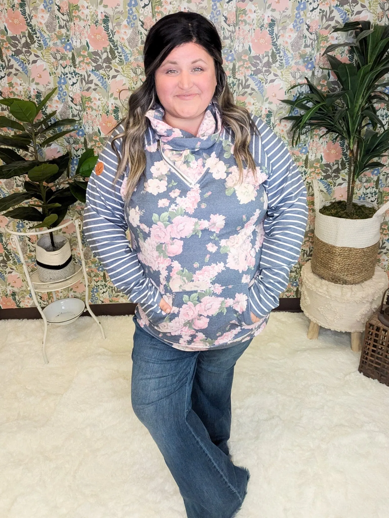 PHC- Charcoal Navy Floral Zipcowl Pullover