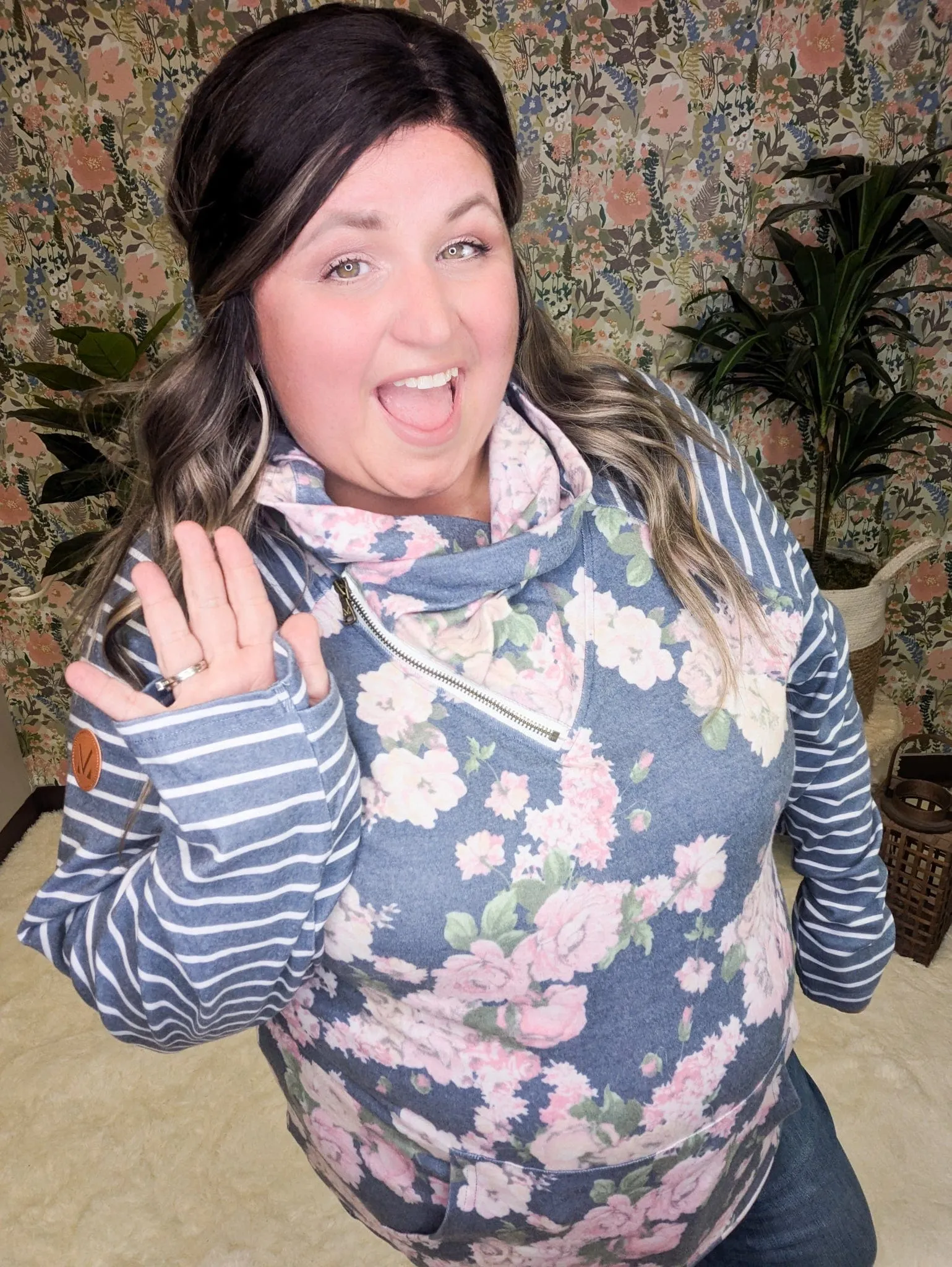 PHC- Charcoal Navy Floral Zipcowl Pullover