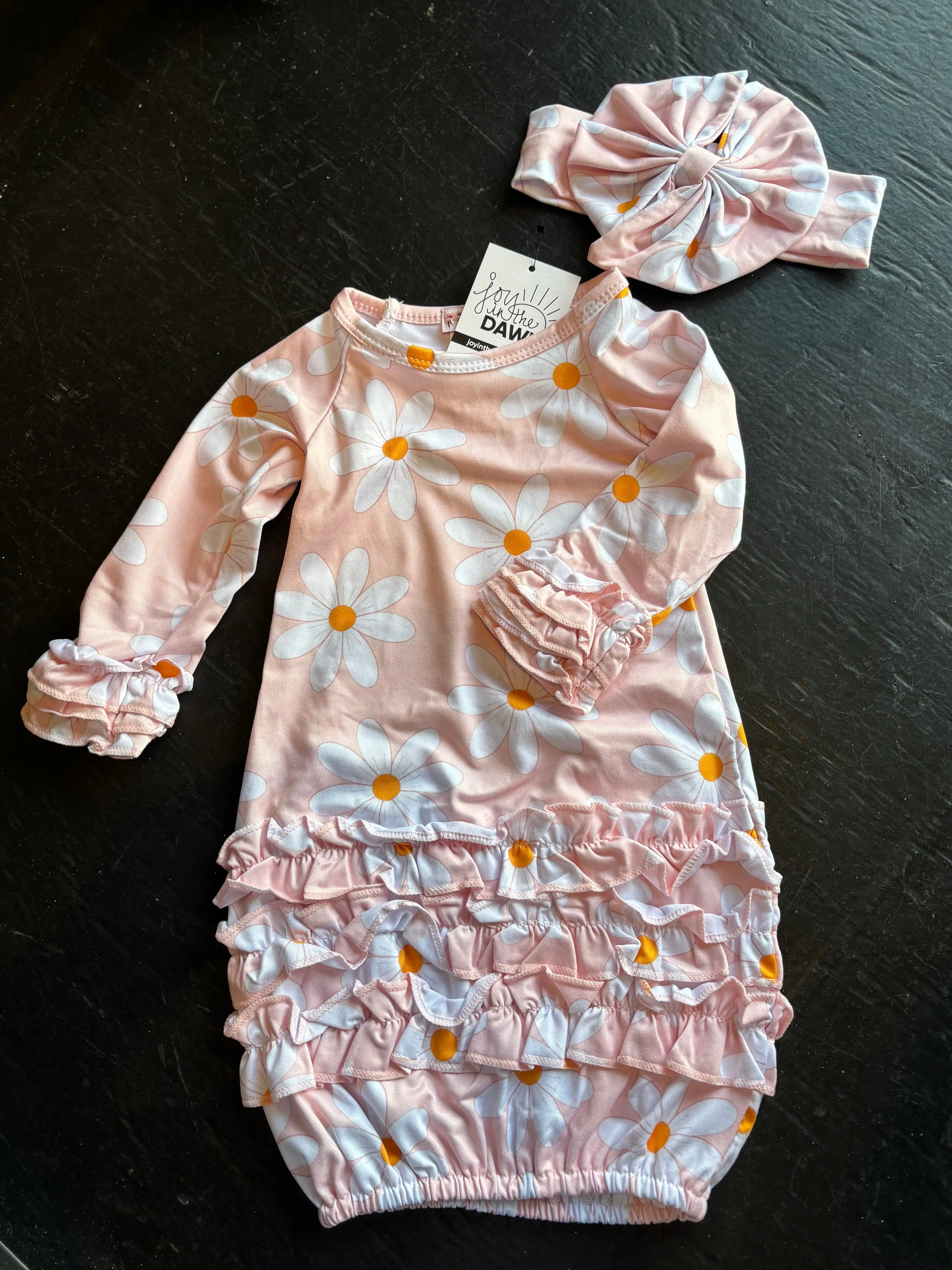 Pink Daisy Baby Gown   Headband Set