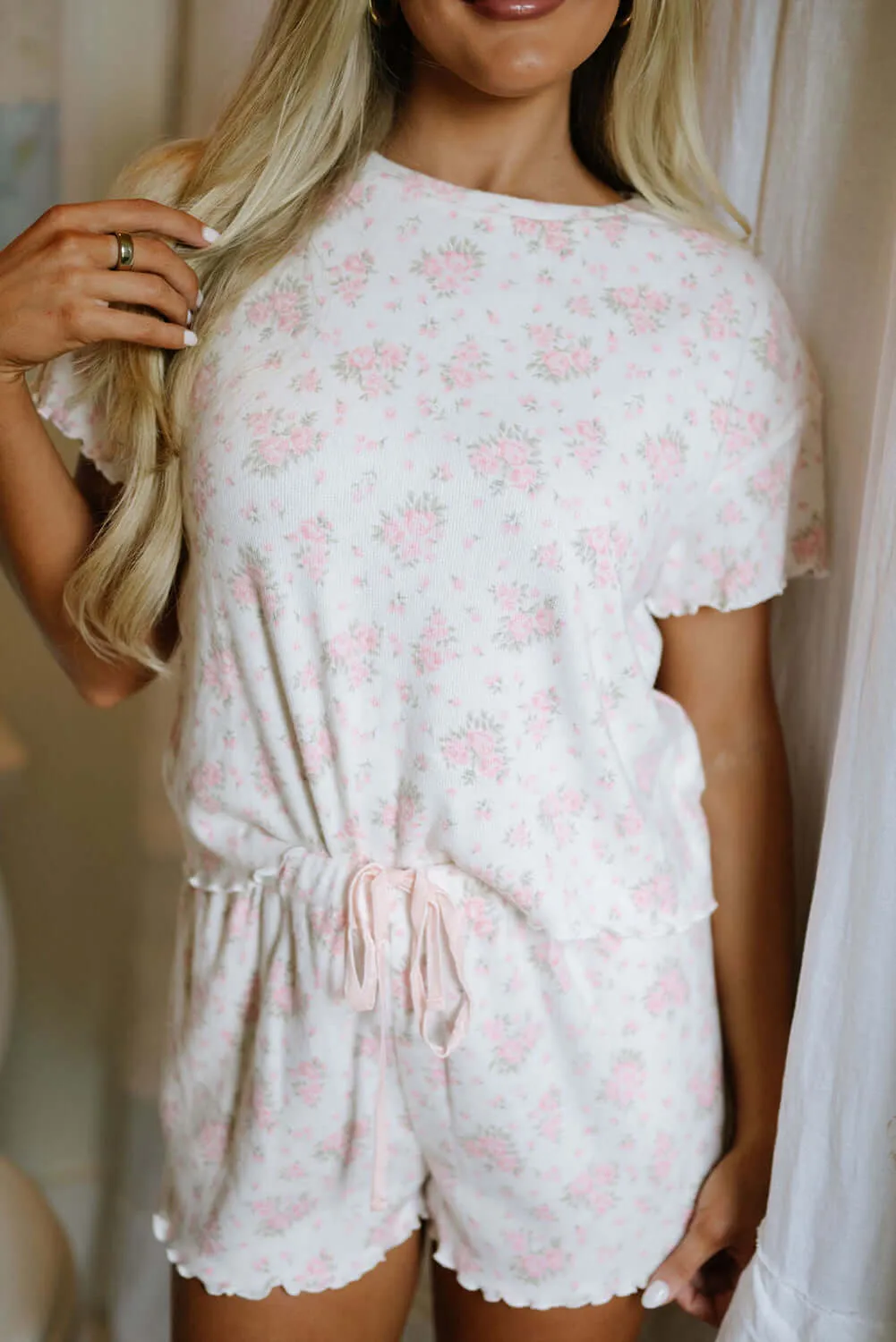 Pink Floral Lettuce Trim Tee and Shorts Ribbed Lounge Set