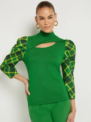 Plaid-Sleeve Mock-Neck Sweater