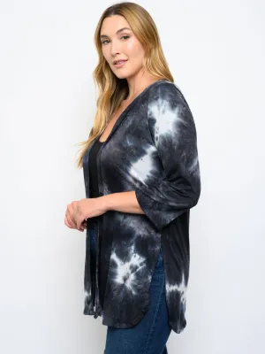 PLUS SIZE TIE DYE 3/4 SLEEVE CARDIGAN