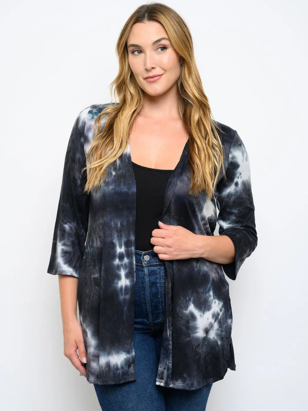 PLUS SIZE TIE DYE 3/4 SLEEVE CARDIGAN