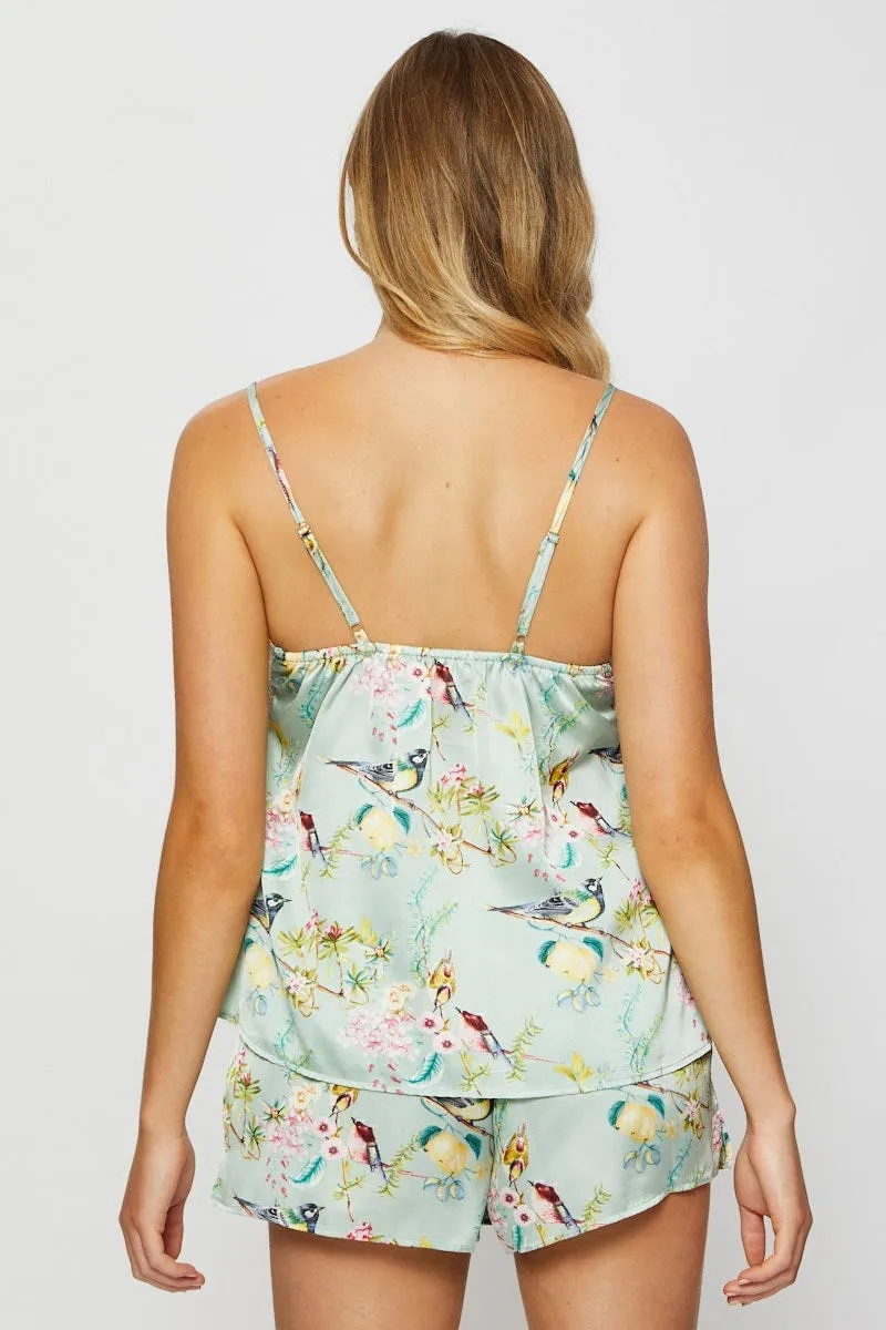 Print Satin Pajamas Set Sleeveless