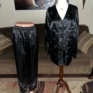 Private Luxuries • Medium • Black • Floral • Embroidery • Satin •  Pajamas Set