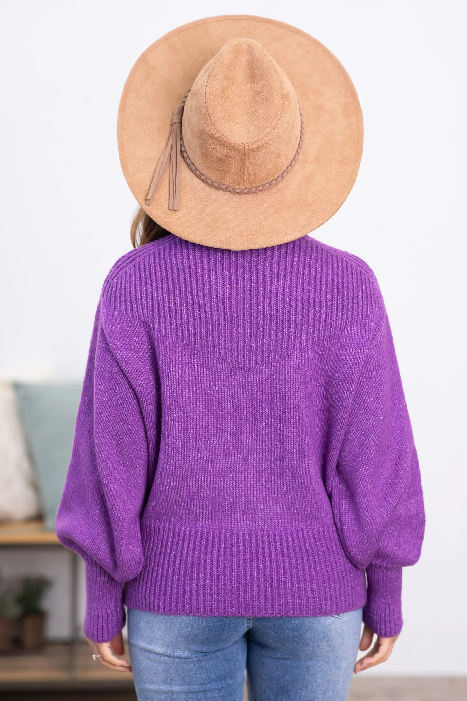 Purple Balloon Sleeve Mock Neck Sweater