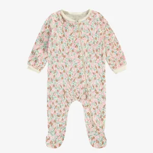 Pyjama crème une pièce fleuri en doux jersey de coton froissé, bébé || Cream floral one piece pajamas in soft crinkled cotton jersey, baby