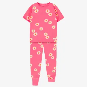 Pyjama deux pièces rose en jersey de coton à motifs de marguerites, enfant  || Pink cotton jersey two piece pajamas with daisy all over print, child