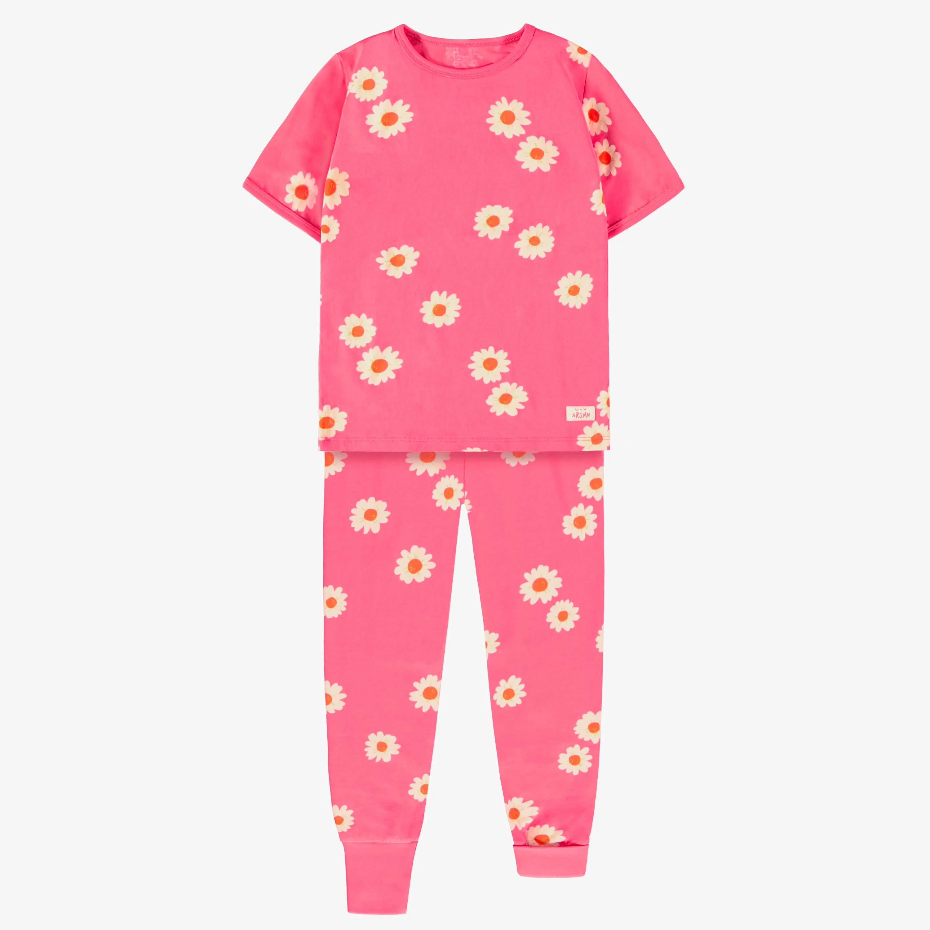 Pyjama deux pièces rose en jersey de coton à motifs de marguerites, enfant  || Pink cotton jersey two piece pajamas with daisy all over print, child