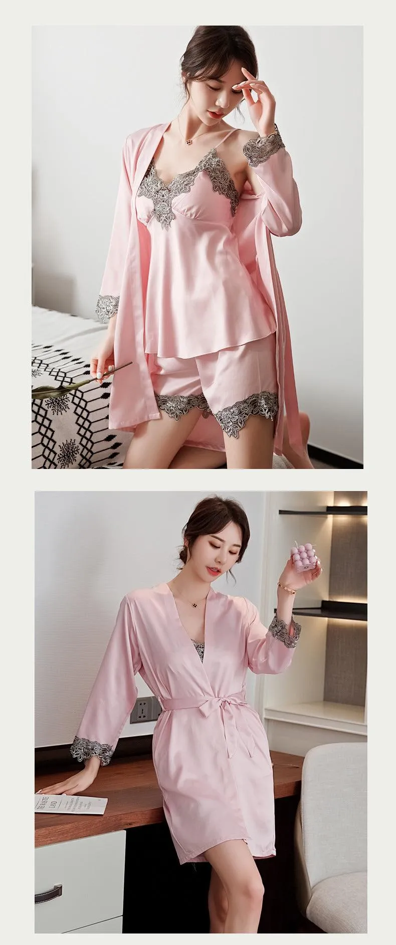 QIANTANG Women's 5PC Silk Robe Sleep Suit with Lace Satin Pajamas Gown Set and V-Neck