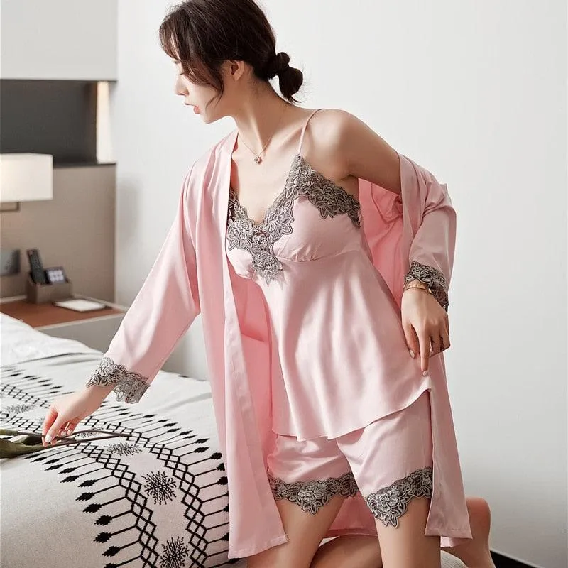 QIANTANG Women's 5PC Silk Robe Sleep Suit with Lace Satin Pajamas Gown Set and V-Neck