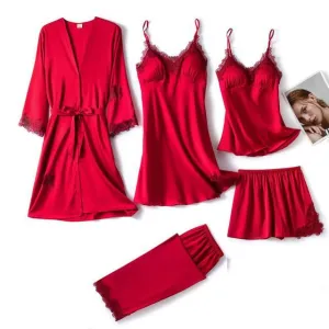 QIANTANG Women's 5PC Silk Robe Sleep Suit with Lace Satin Pajamas Gown Set and V-Neck
