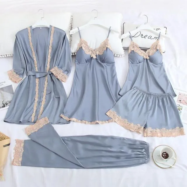 QIANTANG Women's 5PC Silk Robe Sleep Suit with Lace Satin Pajamas Gown Set and V-Neck